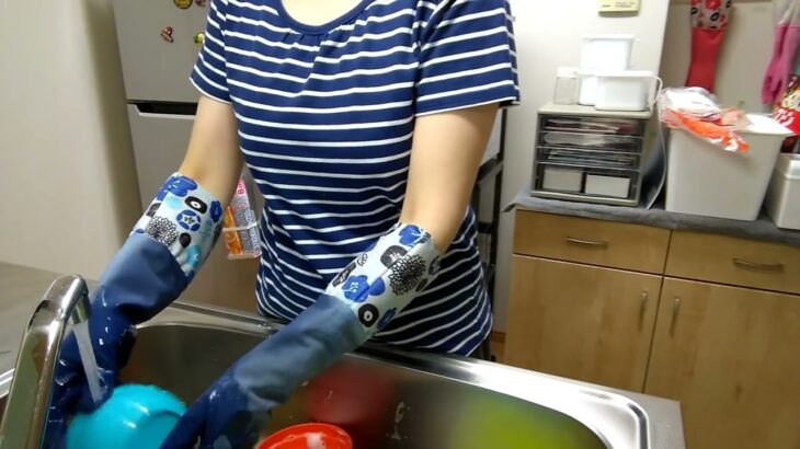 キッチンリセット 青い服に青いゴム手袋で揃えた主婦